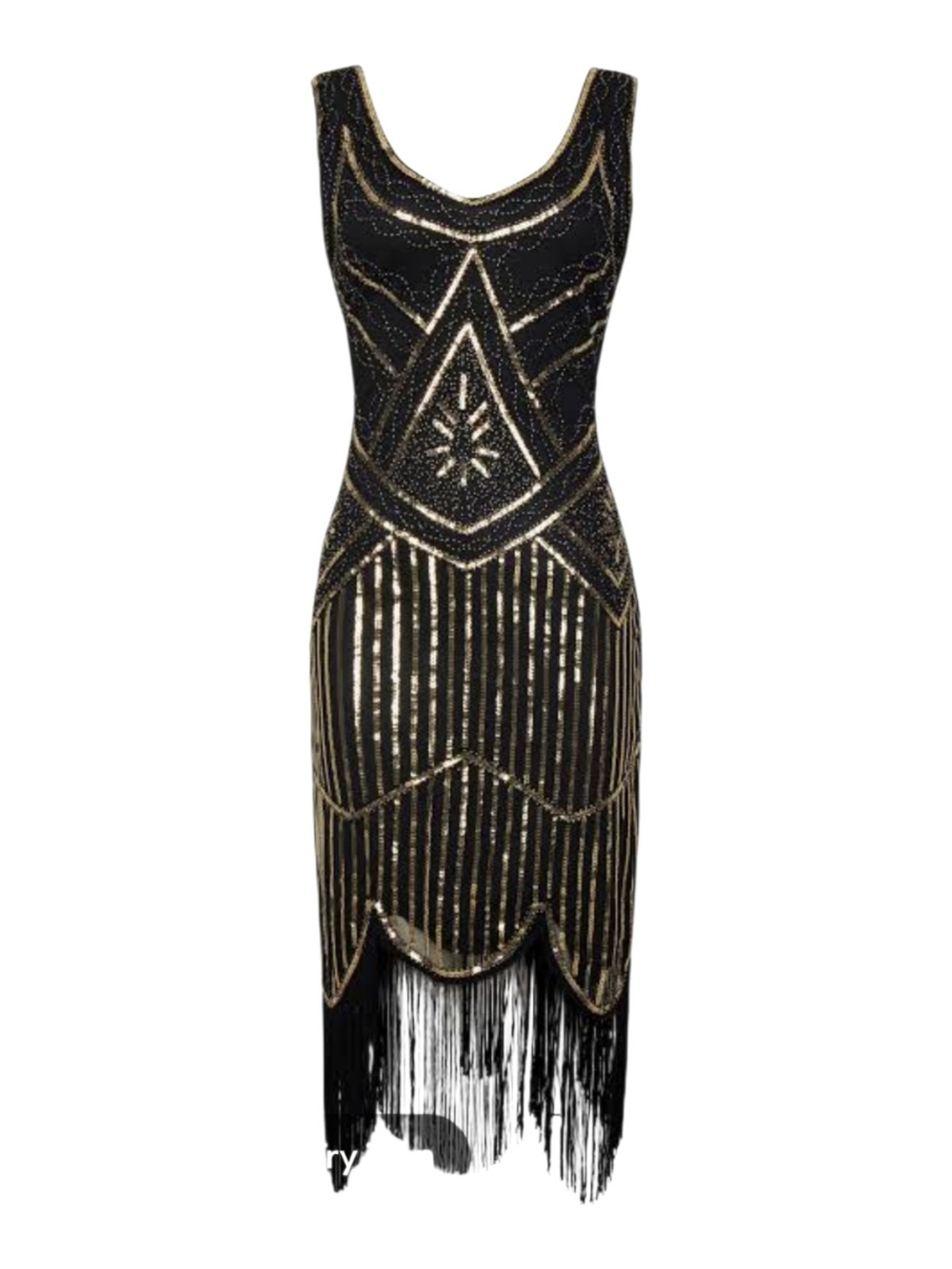 Amazon Black and Gold Sequin Midi Flapper 1920's Dress with Fringe Vintage Inspo